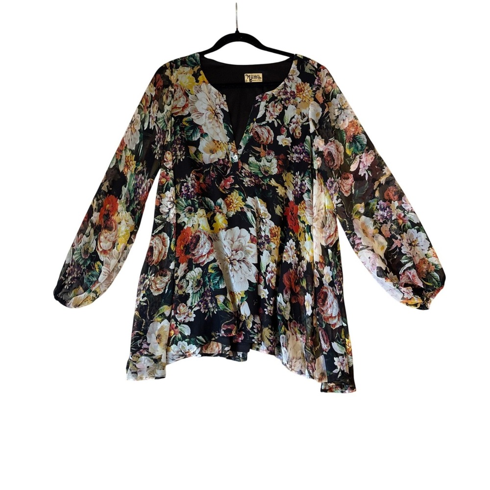 Show Me Your Mumu Tunic Top Women Black Floral Chiffon Boho V-Neck SIZE Small